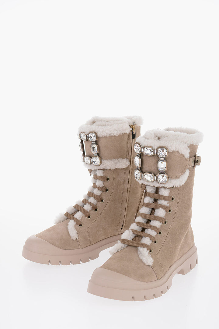 Roger Vivier Shearling Lace-Up Boots with Swarovski Buckle