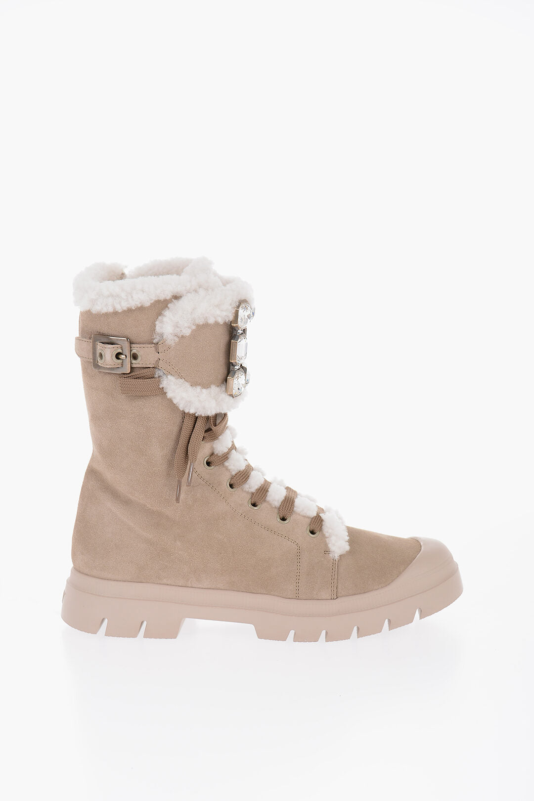 Roger Vivier Shearling Lace-Up Boots with Swarovski Buckle