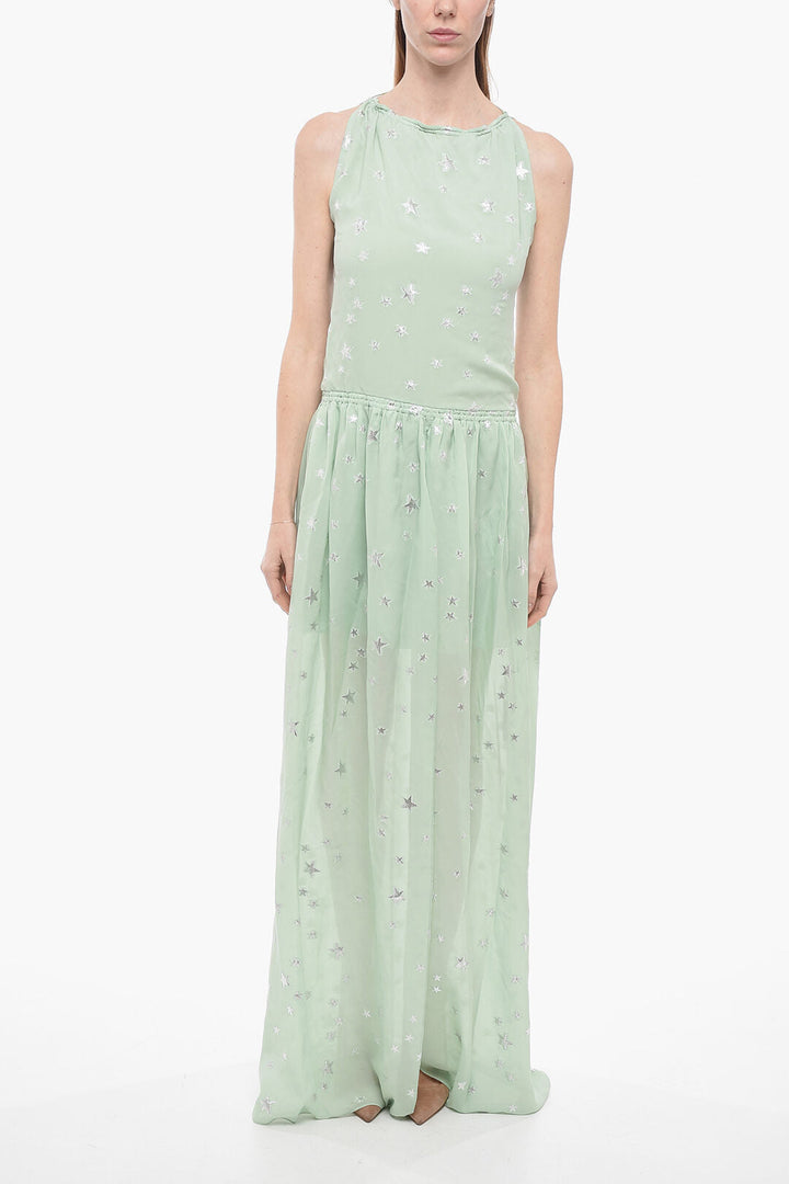 Amiri Silk Halterneck Dress with Lurex Stars and Front Slit