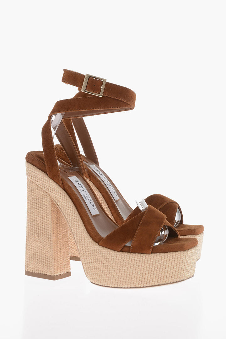 Jimmy Choo Suede GAIA Platform Sandals with Rafia Heel 14cm