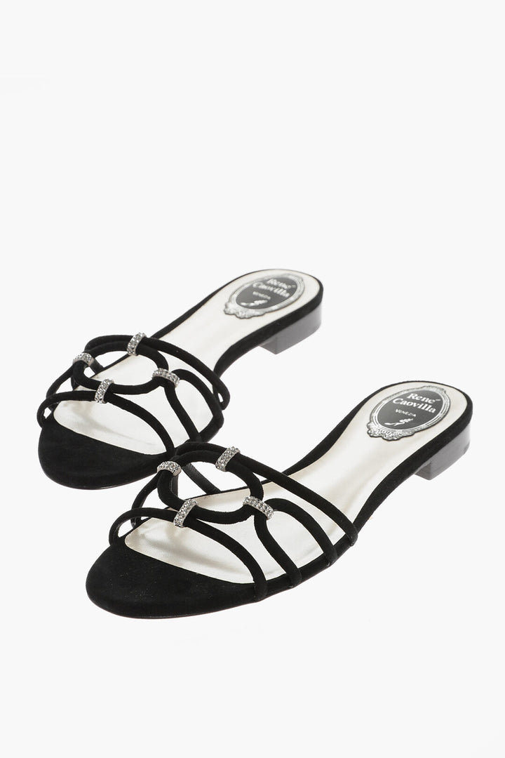 Rene Caovilla Suede Sandals Embellished with Rhinestones