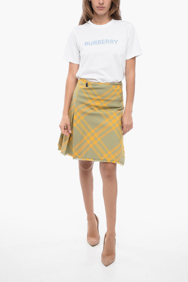 Burberry Tartan Wool Blend Skirt with Fringed Detail