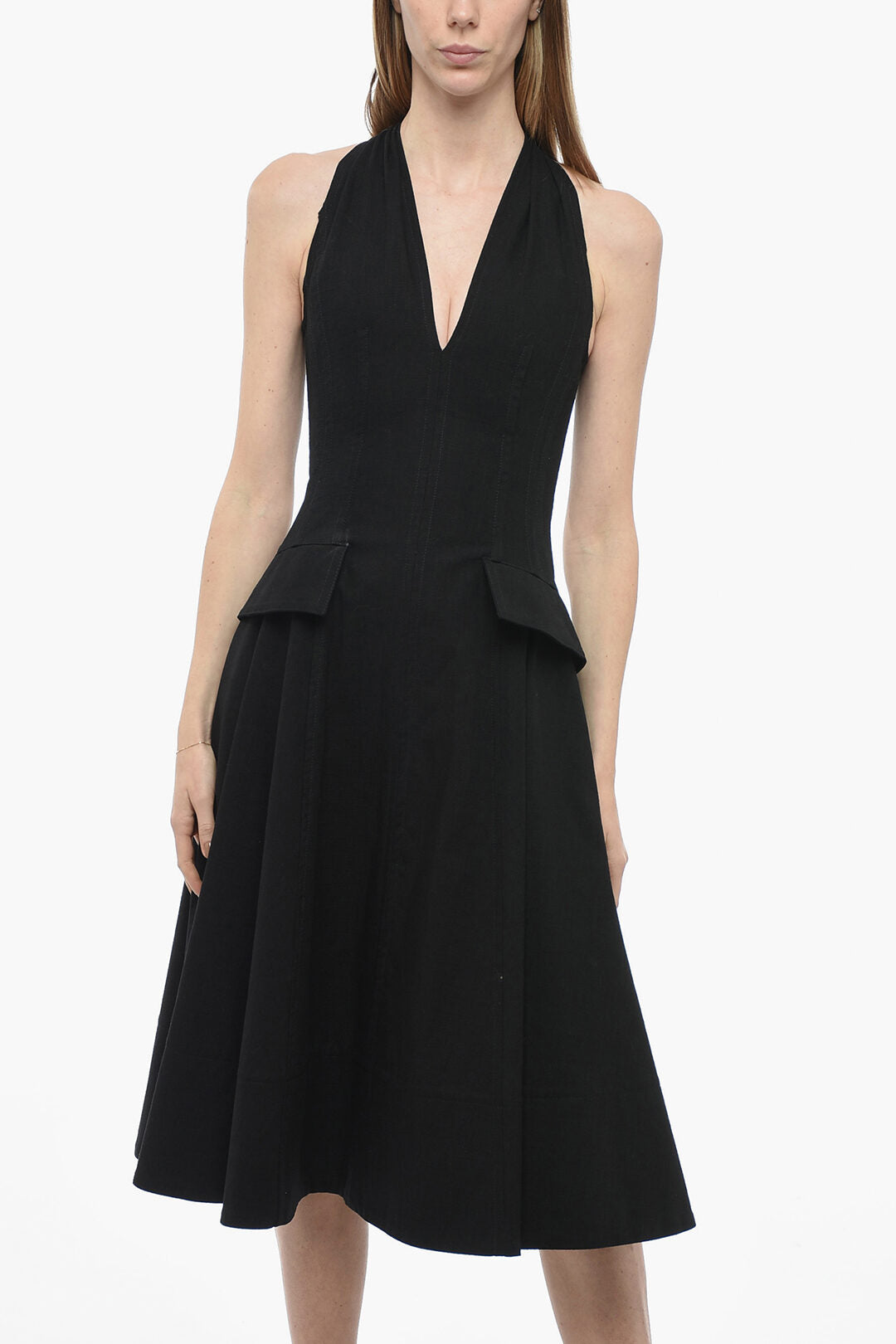 Bottega Veneta Textured Cotton Flared Dress with Denuded Shoulders