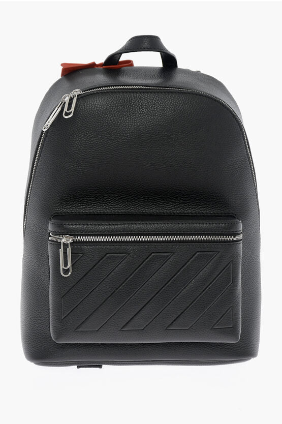 Off-White Textured Leather BINDER Backpack with Diagonal Stripe Motif