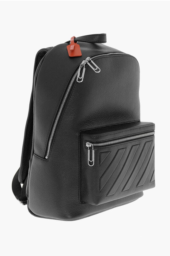 Off-White Textured Leather BINDER Backpack with Diagonal Stripe Motif