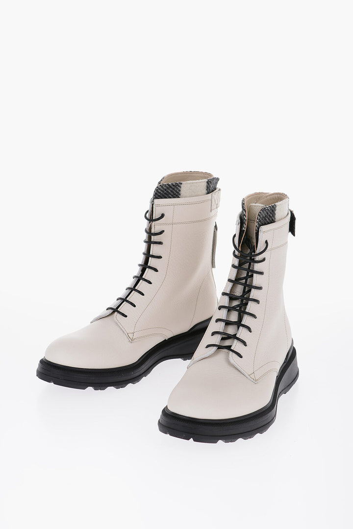 Woolrich Textured Leather Combat Boots with Buffalo Check Detail