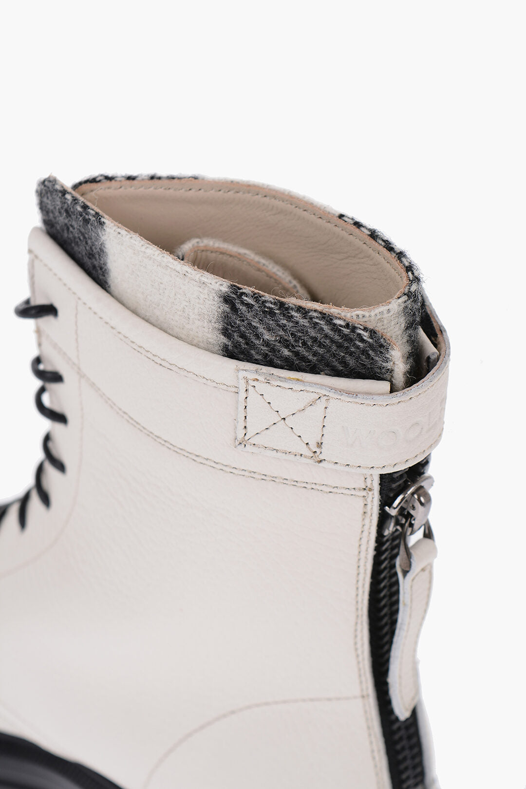 Woolrich Textured Leather Combat Boots with Buffalo Check Detail