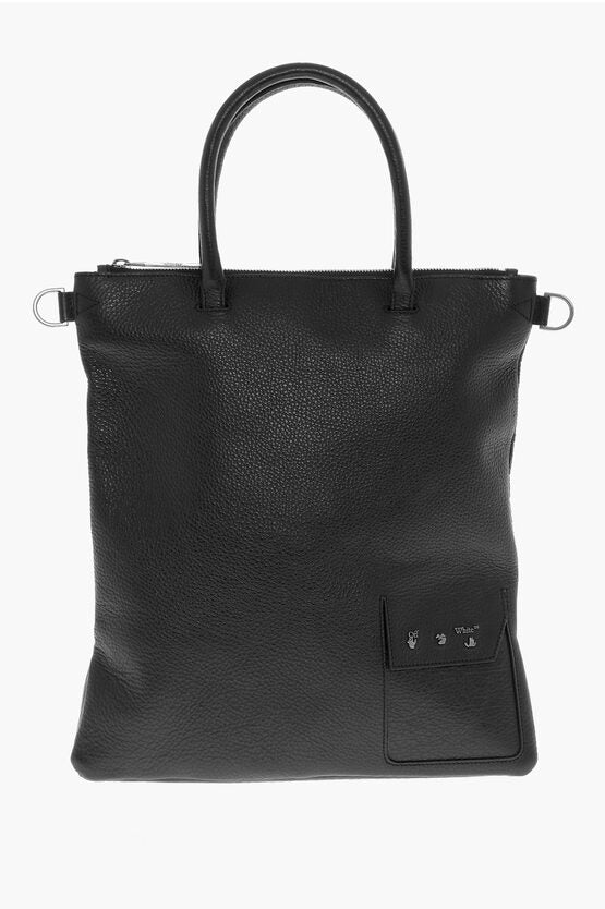 Off-White Textured Leather Tote Bag with Removable Shoulder Strap