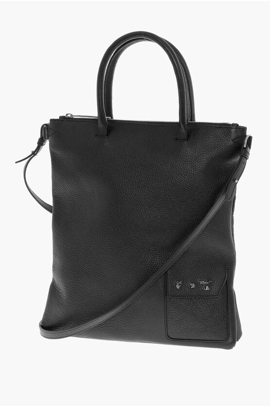 Off-White Textured Leather Tote Bag with Removable Shoulder Strap