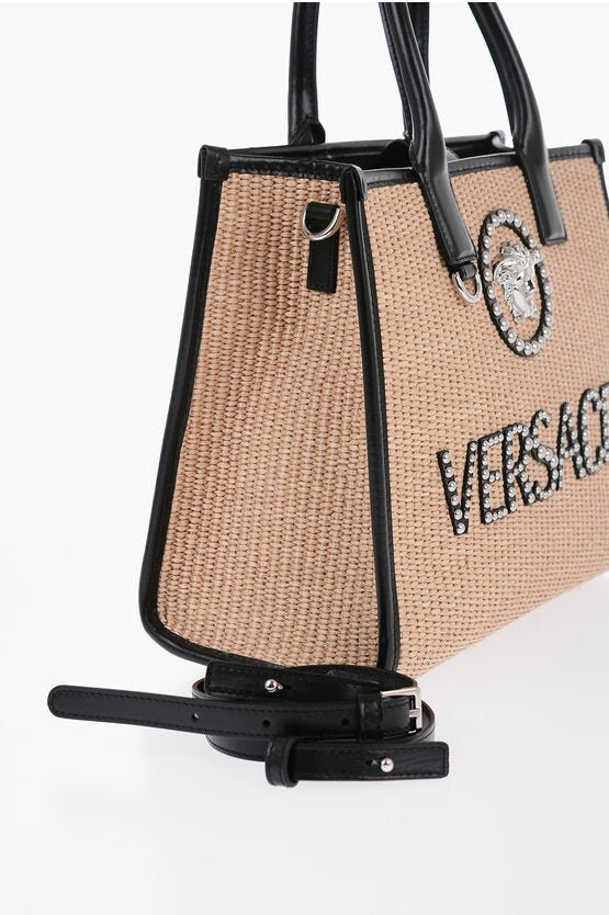 Bags - Versace Rafia Logoed Tote Bag with Leather Trims - 8056204360879 - Ask Me Wear