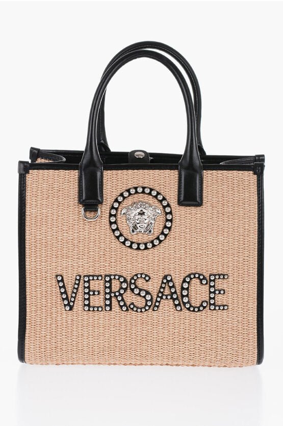 Bags - Versace Rafia Logoed Tote Bag with Leather Trims - 8056204360879 - Ask Me Wear