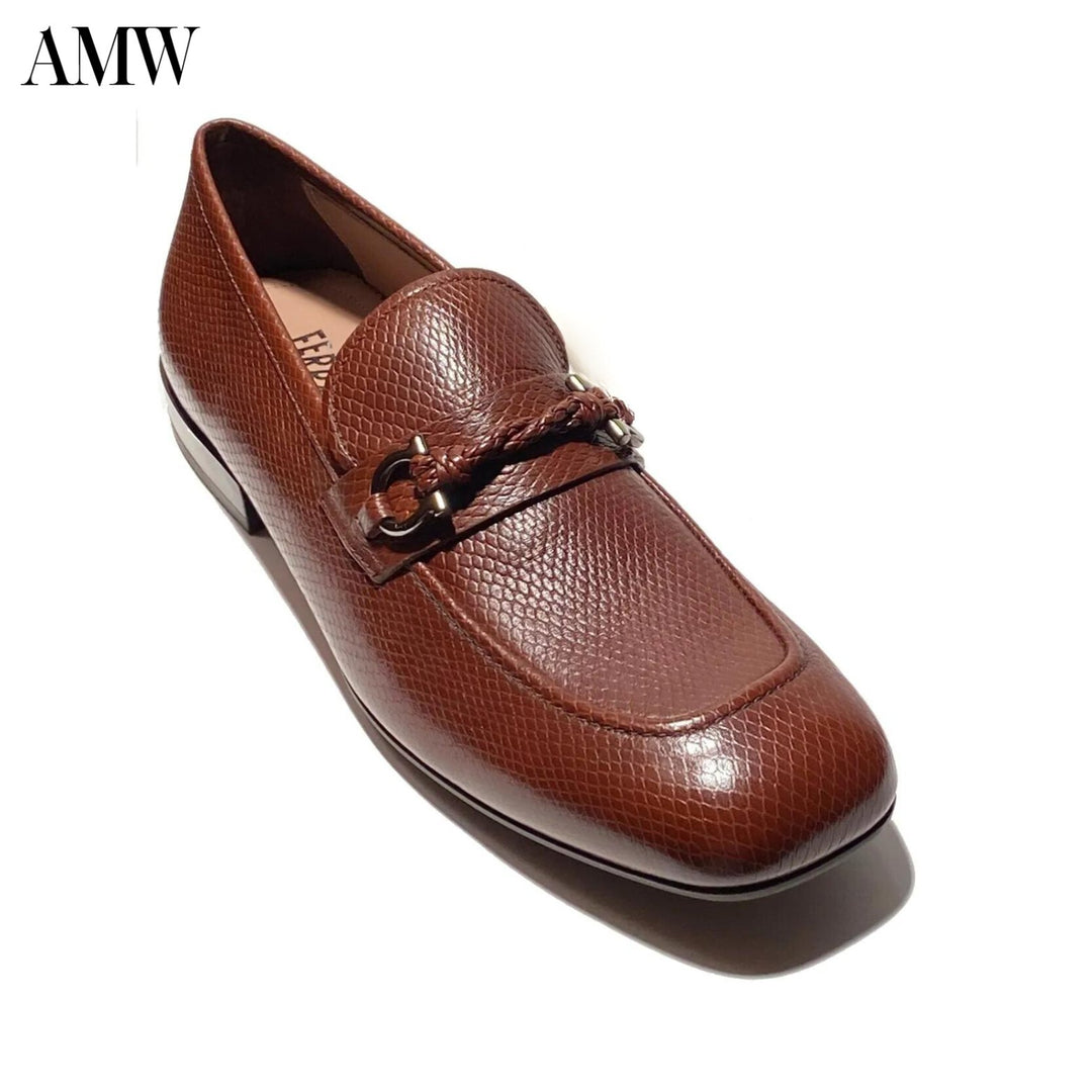 - SALVATORE FERRAGAMO - Pago Men's Snake-Embossed Leather Loafers - Gancini Brown Pago - Ask Me Wear