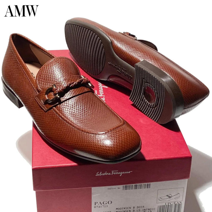 - SALVATORE FERRAGAMO - Pago Men's Snake-Embossed Leather Loafers - Gancini Brown Pago - Ask Me Wear