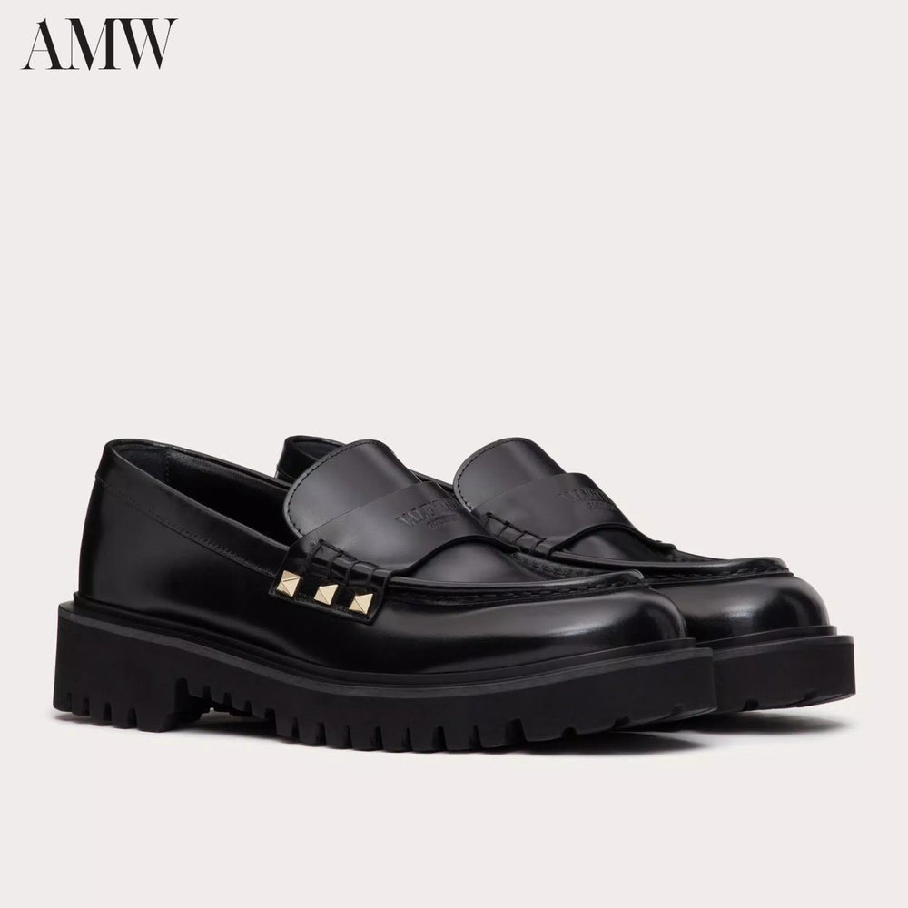 Shoes - VALENTINO Leather Rockstud Loafers with Logo Detail - 3W0S0HW9AWE - Ask Me Wear