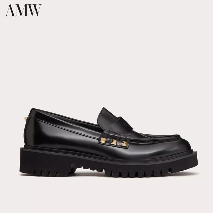 Shoes - VALENTINO Leather Rockstud Loafers with Logo Detail - 3W0S0HW9AWE - Ask Me Wear