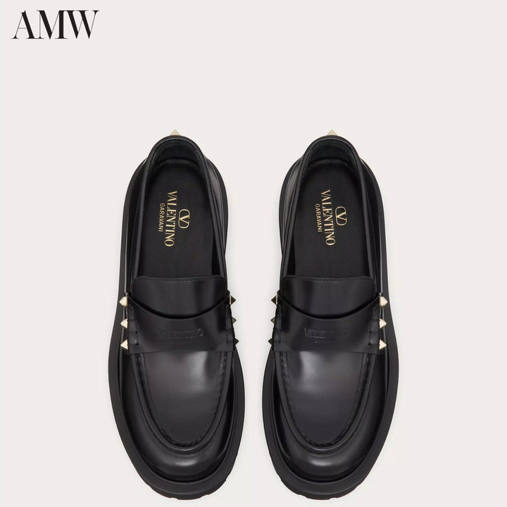 Shoes - VALENTINO Leather Rockstud Loafers with Logo Detail - 3W0S0HW9AWE - Ask Me Wear