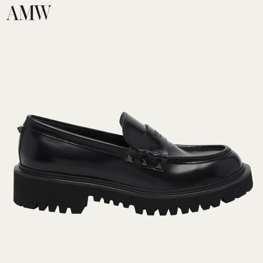 Shoes - VALENTINO Leather Rockstud Loafers with Logo Detail - 3W0S0HW9JUR - Ask Me Wear