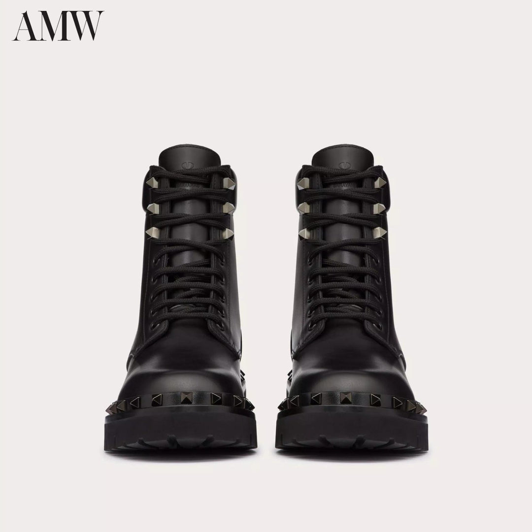 Shoes - VALENTINO Rockstud calfskin combat boot with matching studs 50mm. - 3W0S0HW8JUR - Ask Me Wear