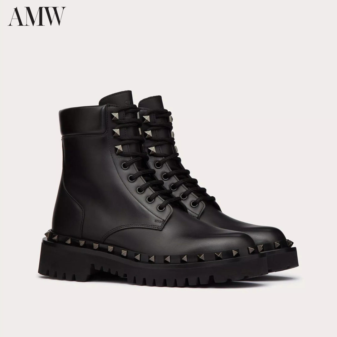 Shoes - VALENTINO Rockstud calfskin combat boot with matching studs 50mm. - 3W0S0HW8JUR - Ask Me Wear