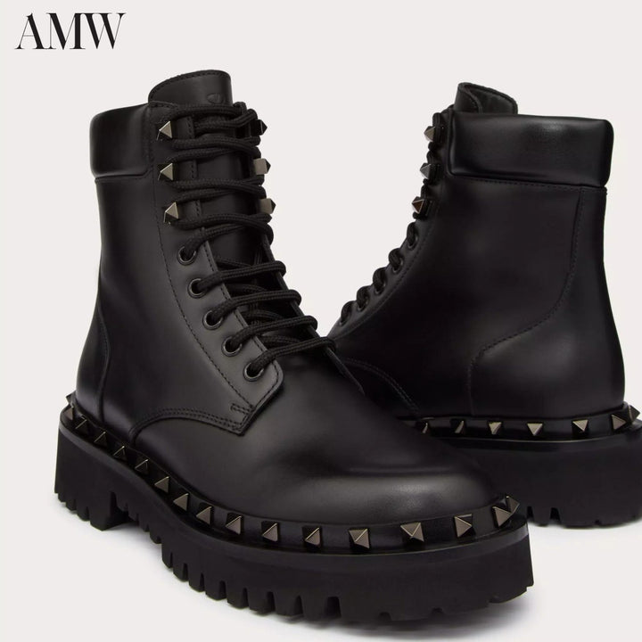 Shoes - VALENTINO Rockstud calfskin combat boot with matching studs 50mm. - 3W0S0HW8JUR - Ask Me Wear